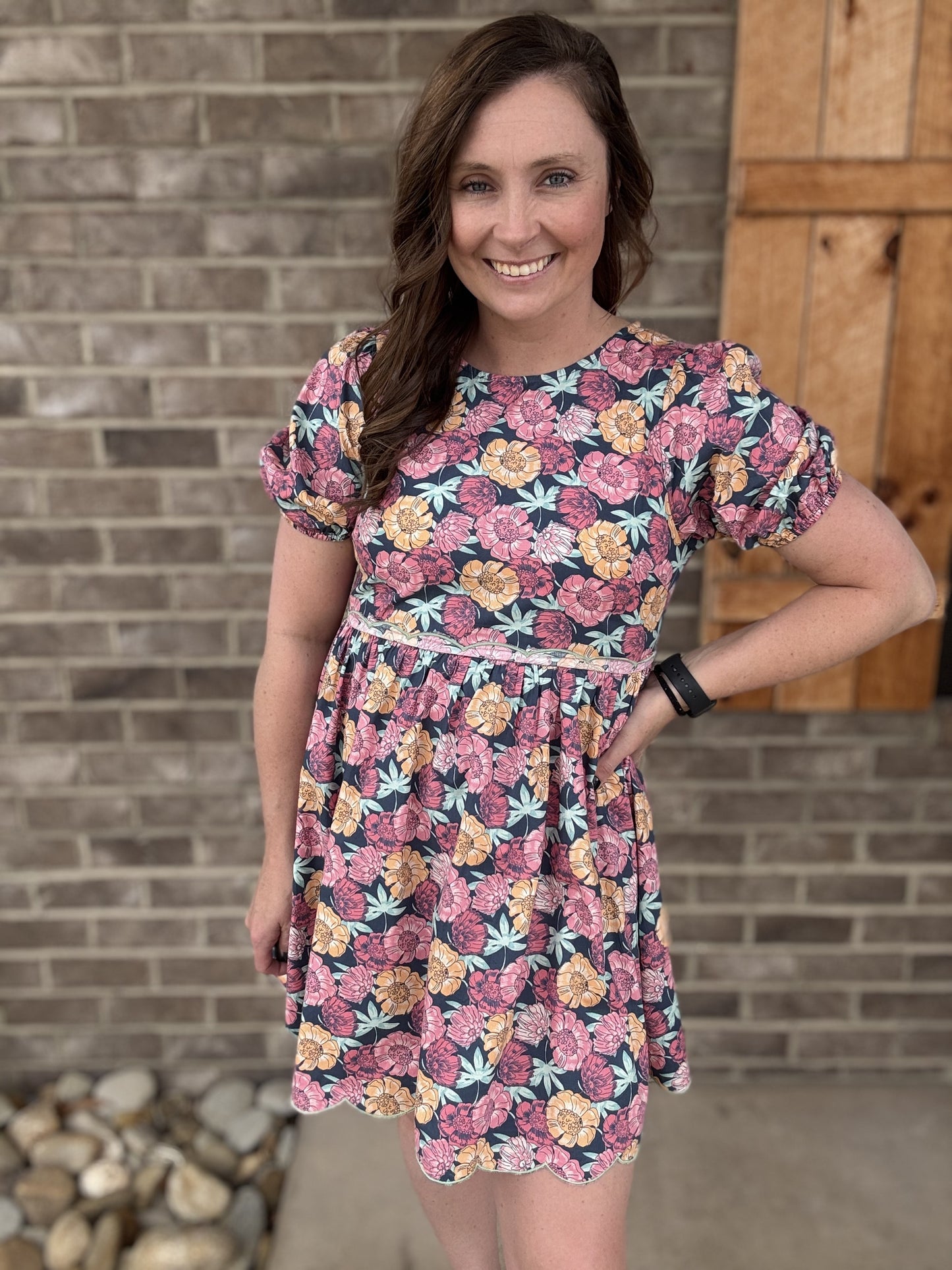 Navy Mix w/ Pink and Yellow Floral Scallop Hem Dress by Umgee