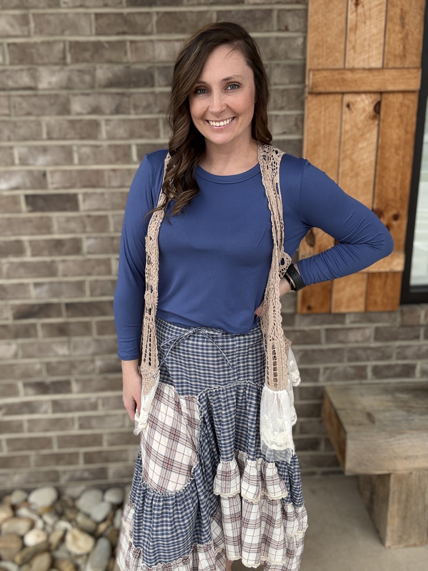 Navy Plaid Crochet Tapered Skirt by Easel