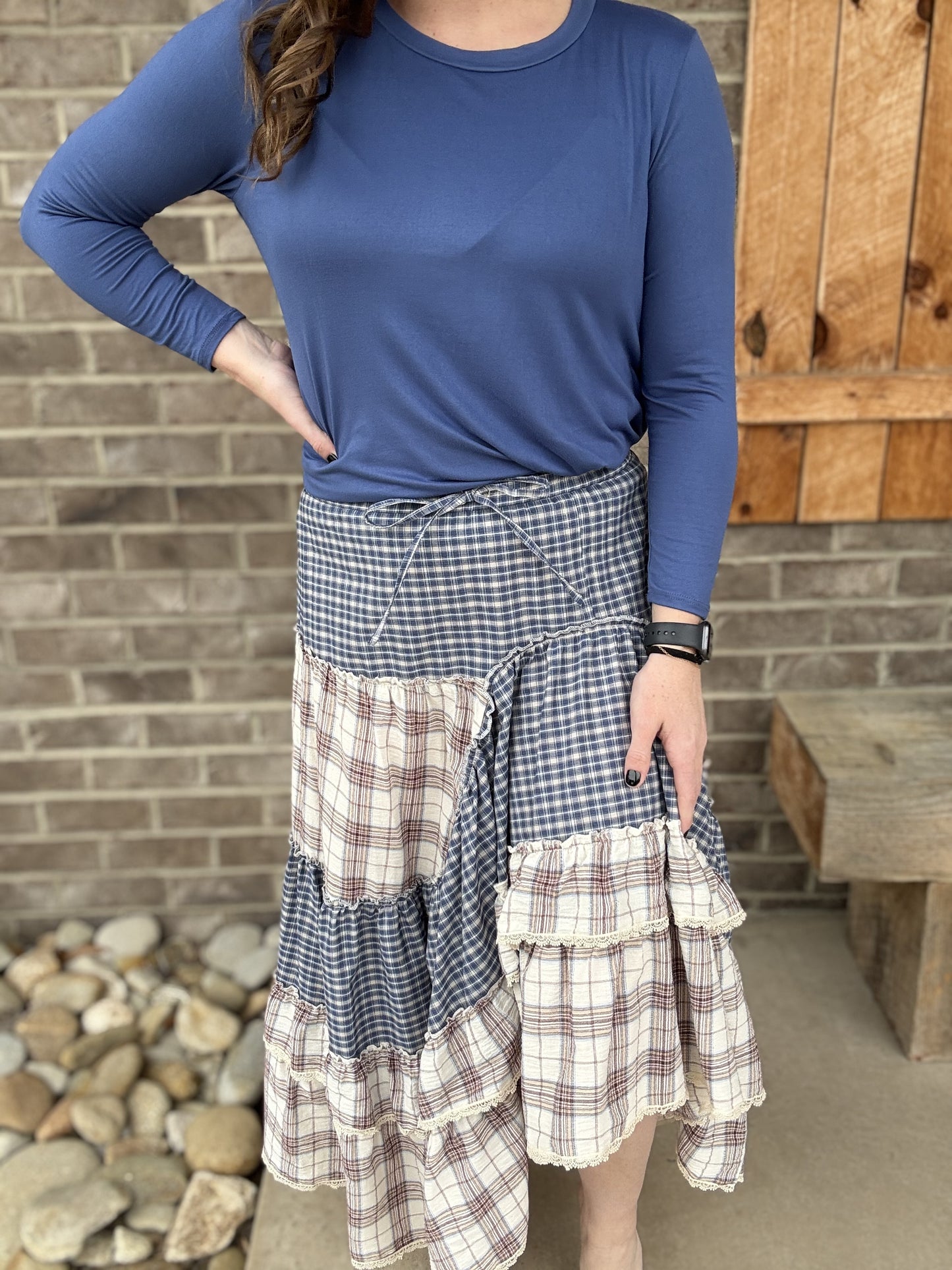 Navy Plaid Crochet Tapered Skirt by Easel