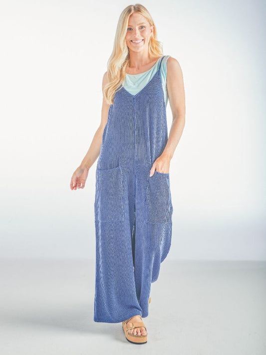 Navy Ribbed Relaxed Jumpsuit with Pockets by Simply Southern