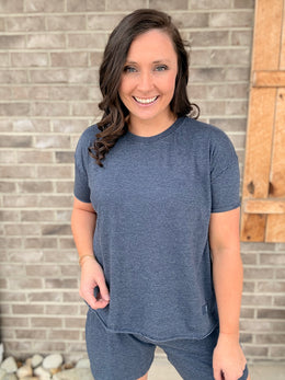 Navy Short Sleeve Ginger Crew Neck Oversized Raw Edge Vintage Top by Royce