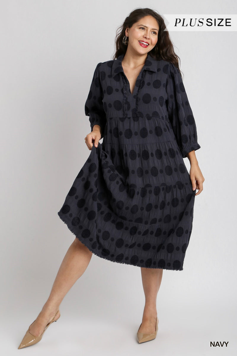 3822- Navy Solid Dot Jacquard Mid Calf Dress