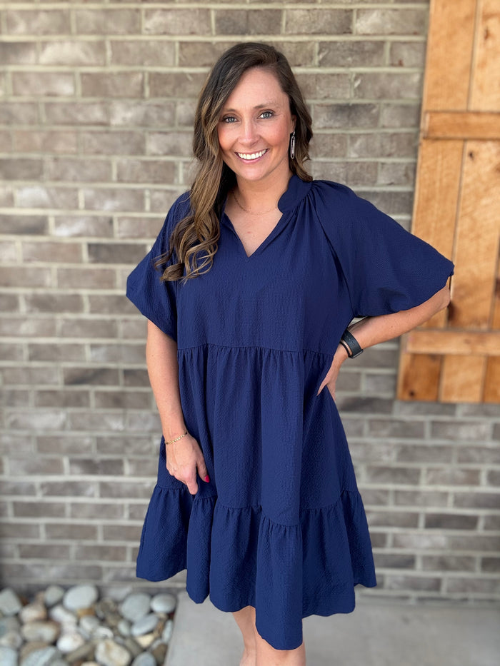 Navy V-Neck Tiered Mini Dress by Umgee