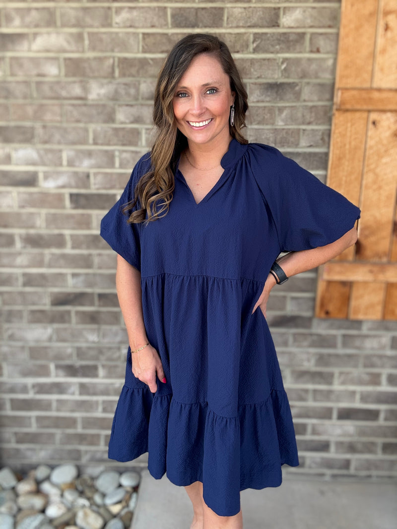 Navy V-Neck Tiered Mini Dress by Umgee
