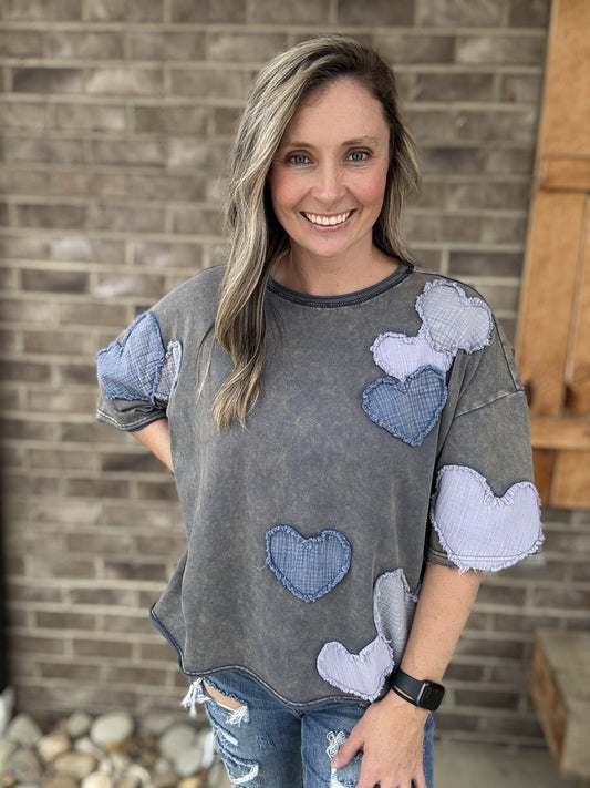 3715- Navy Washed Heart Patchwork Tee