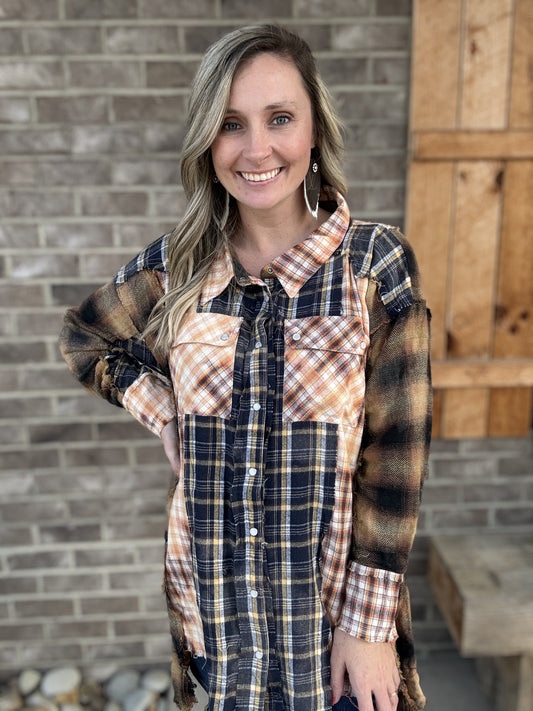 3782- Navy Washed Mixed Plaid Button Down High Low Shirt