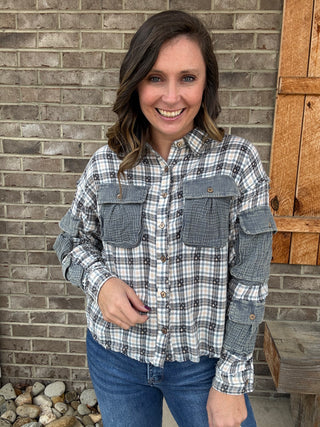 Navy Washed Plaid Contrast Button Down High Low Shirt by Oli & Hali