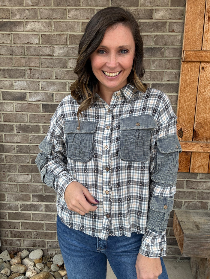 Navy Washed Plaid Contrast Button Down High Low Shirt by Oli & Hali