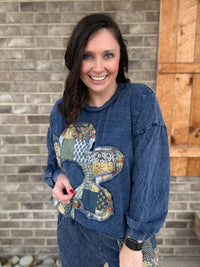 Navy Blue Boho Daisy Patch Long Sleeve French Terry Pullover by J. Her