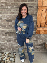 Navy Blue Boho Daisy Patch Long Sleeve French Terry Pullover by J. Her