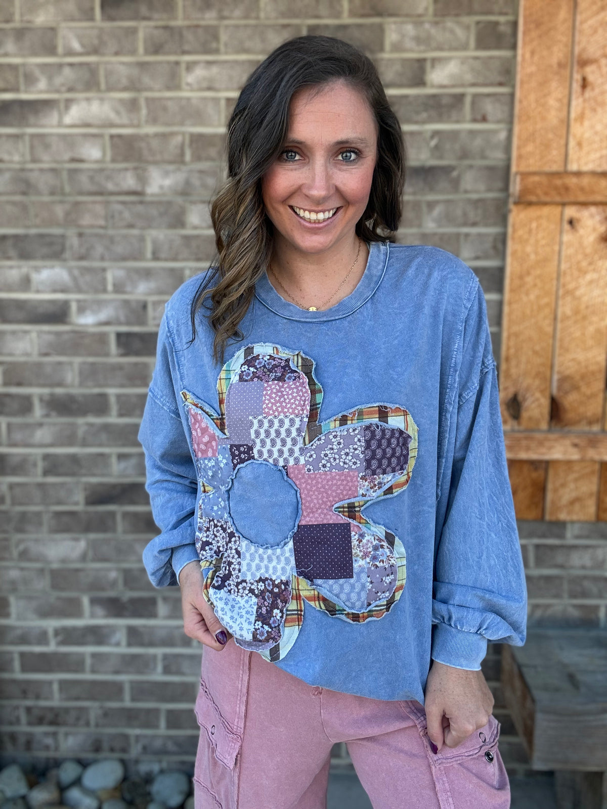 Navy Boho Daisy Patch Long Sleeve French Terry Pullover by J. Her