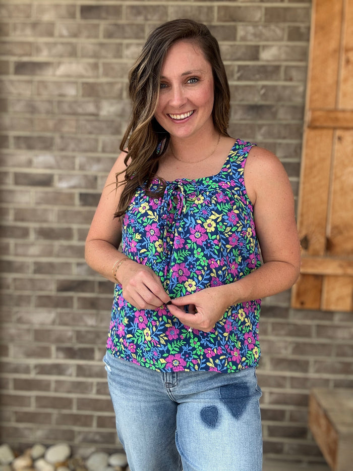 Navy Bright Blossoms Babydoll Blouse