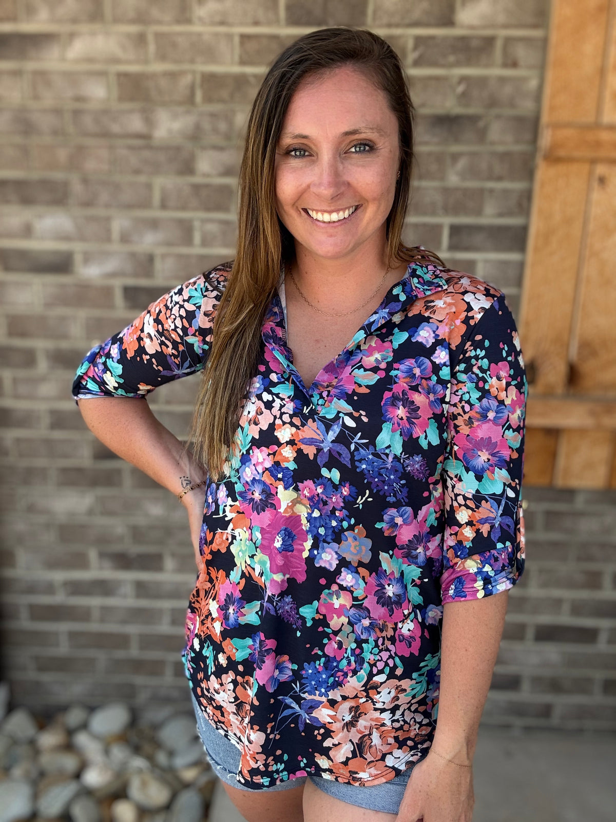 Navy Floral V-Neck 3/4 Sleeve Top