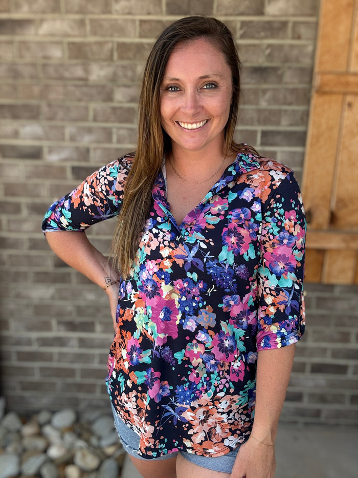 Navy Floral V-Neck 3/4 Sleeve Top