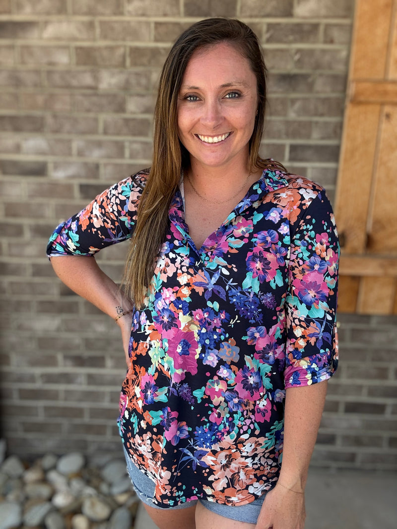 Navy Floral V-Neck 3/4 Sleeve Top