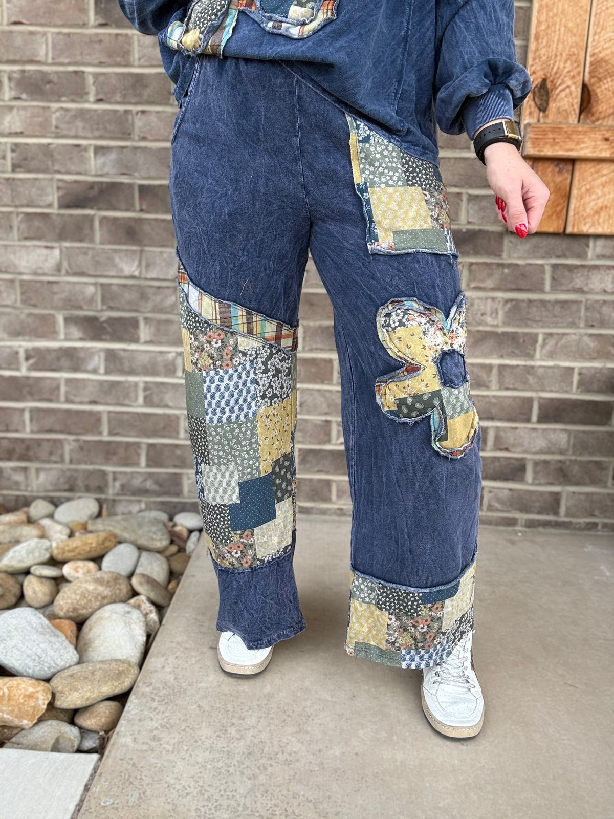 Navy Mineral Washed Boho Patch Daisy Lounge Pants by J. Her