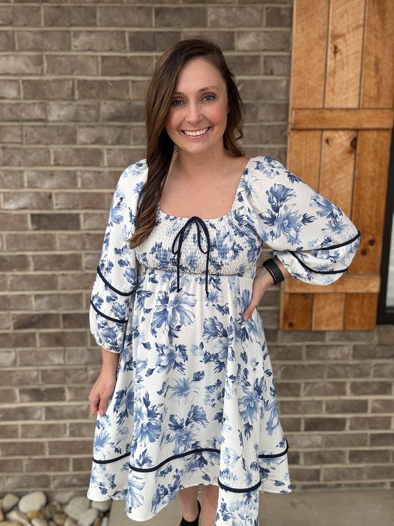 Navy and Ivory Vintage Floral 3/4 Sleeve Dress w/ Bubble Sleeve Detail