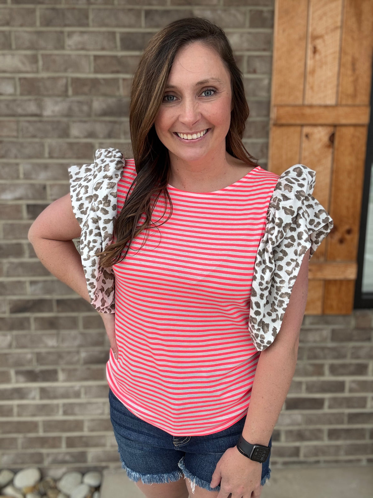 Neon Pink Stripe Short Sleeve Top w/ Leopard Ruffle Sleeve Detail