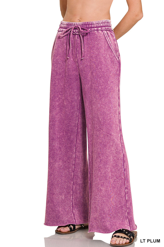 Light Plum Acid Wash Fleece Sweatpants with Raw Hem by Zenana