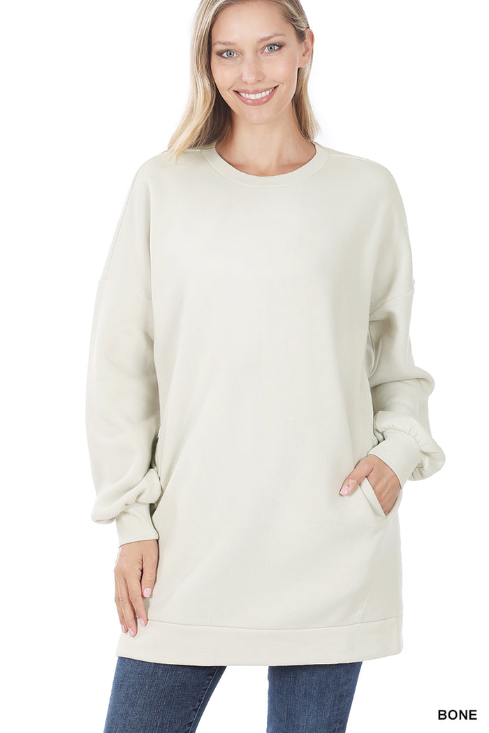 20286- Bone Oversized Long Sweatshirt w/ Pockets