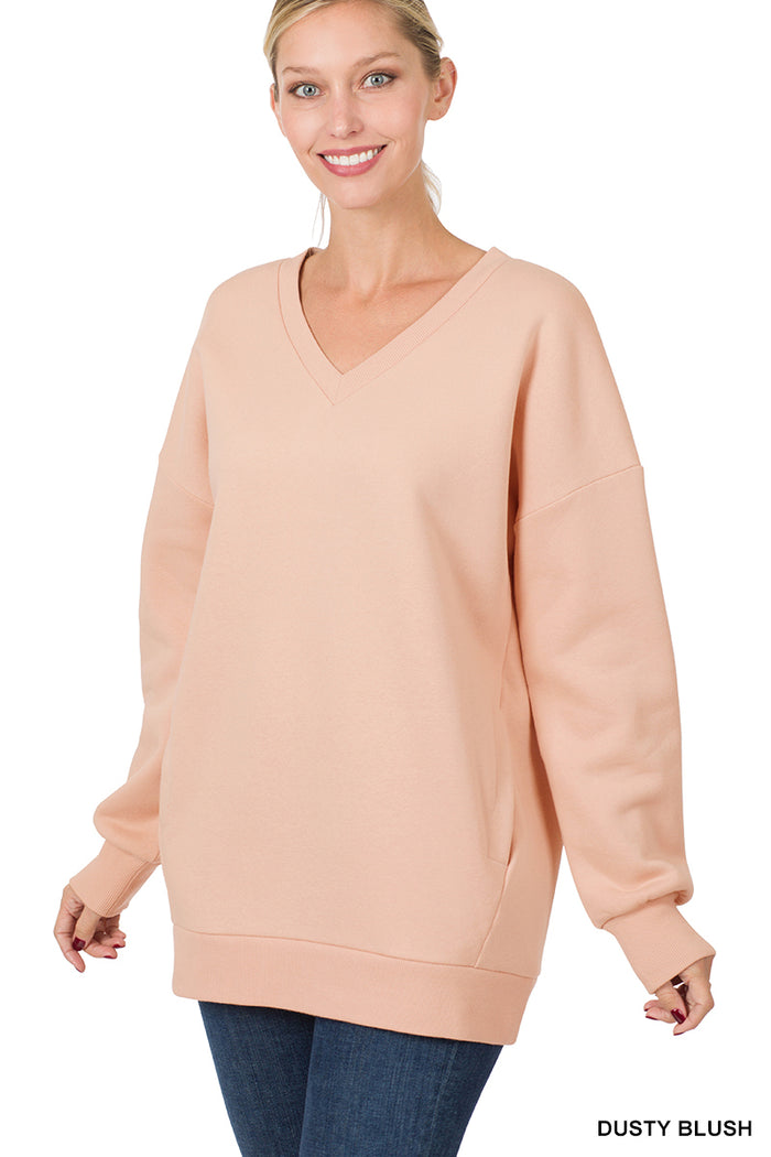 20290- Dusty Blush Long Sleeve v-Neck Sweater w/ Pockets