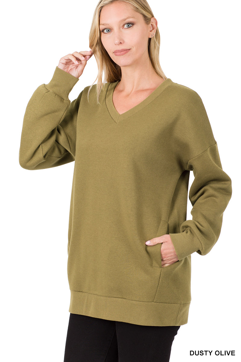 20288- Dusty Olive Long Sleeve v-Neck Sweater w/ Pockets