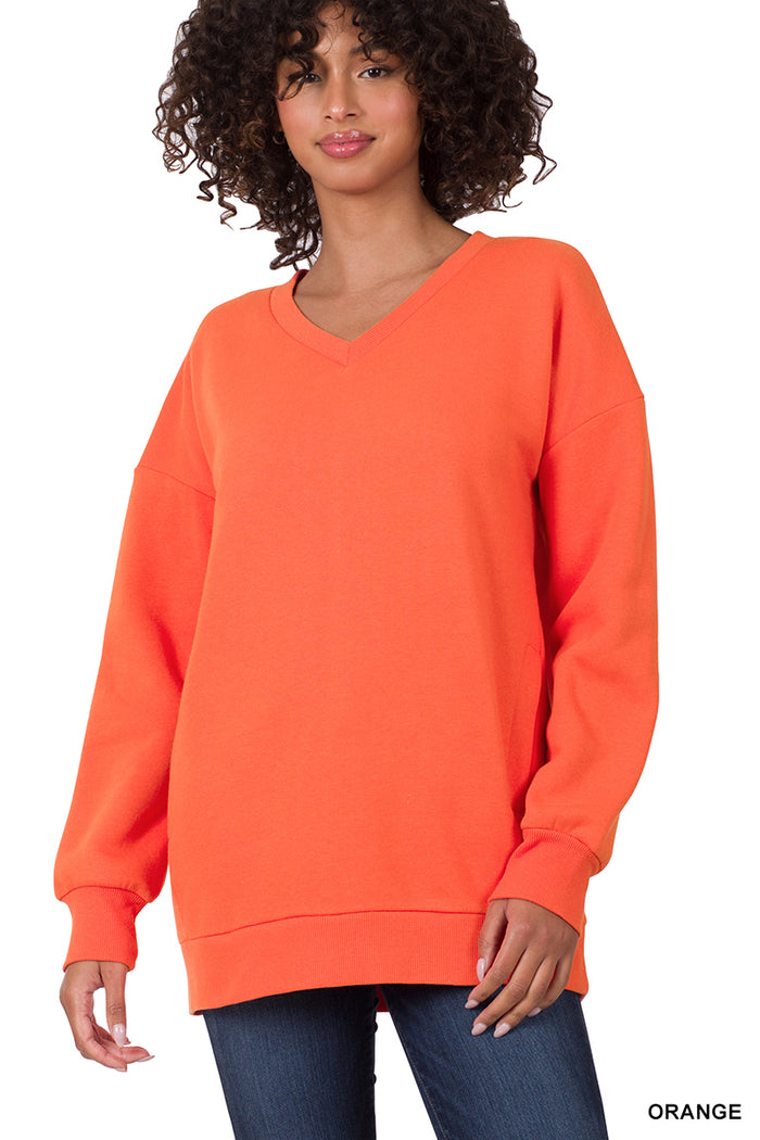 20291- Orange Long Sleeve v-Neck Sweater w/ Pockets