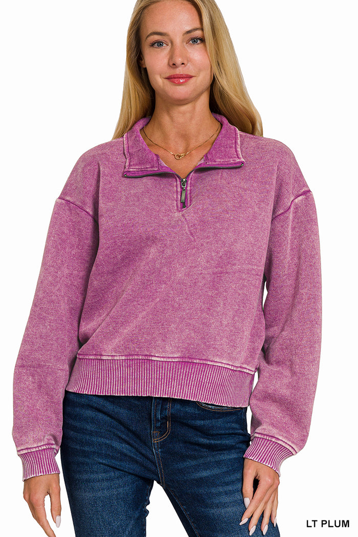 Light Plum Acid Wash Fleece Half Zip Pullover by Zenana