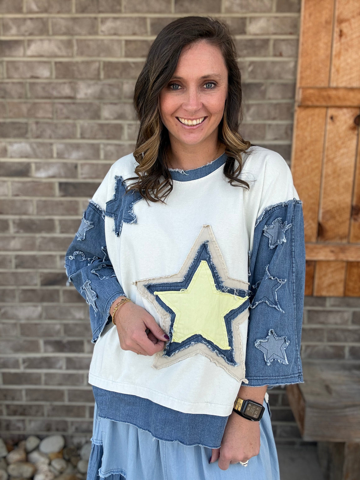 Oatmeal 3/4 Length Sleeve Round Neck Star Patchwork Shirt by BlueVelvet