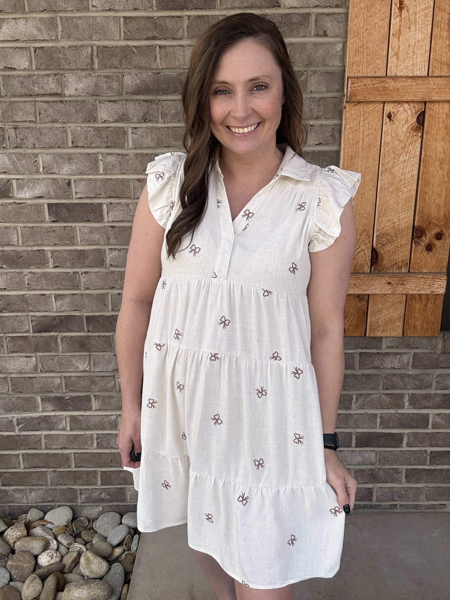 Oatmeal Linen Tiered Henley Dress w/ Bow Embroidery by Umgee