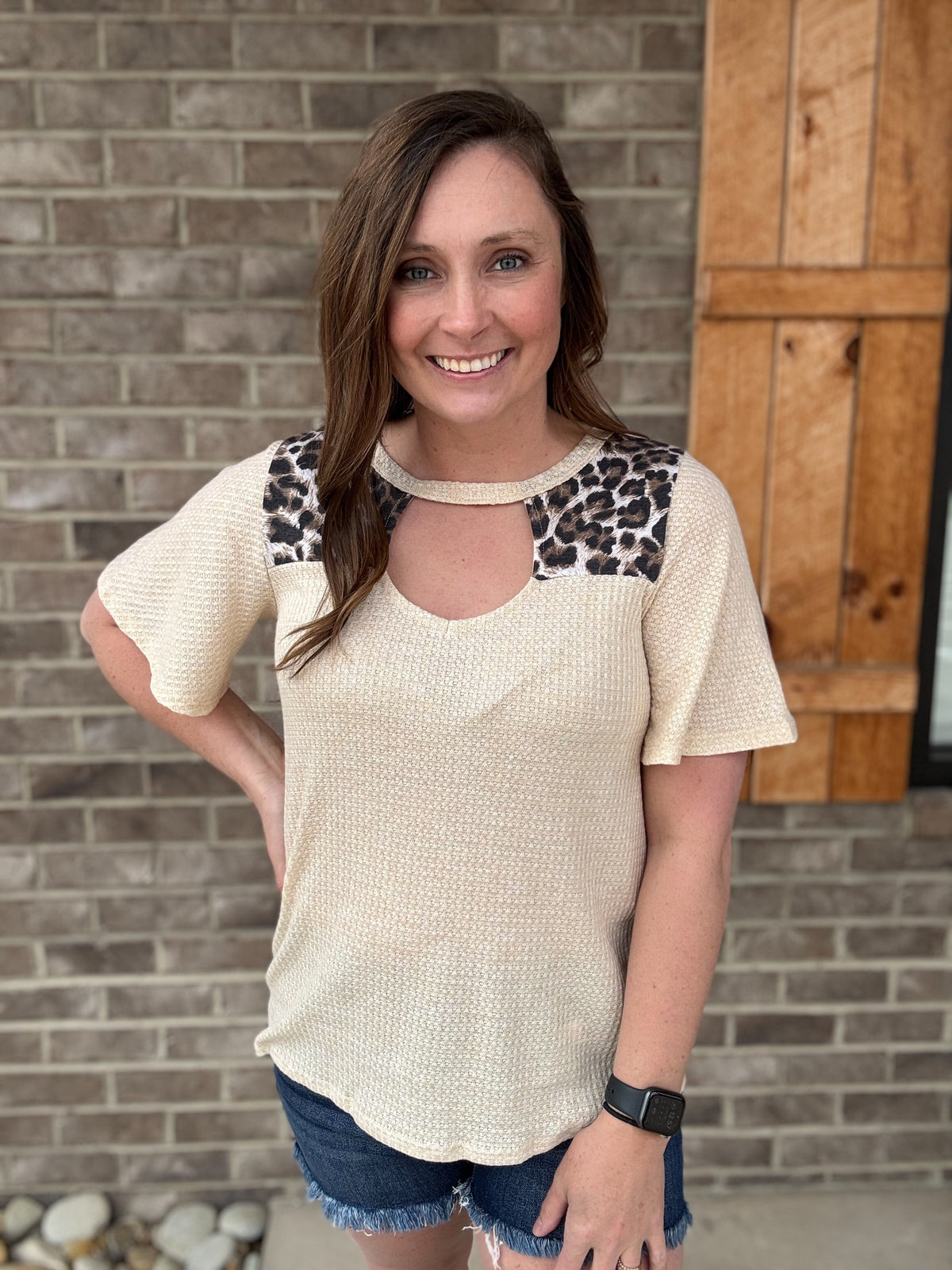 Oatmeal Waffle Knit Leopard Open Neck Short Sleeve Top