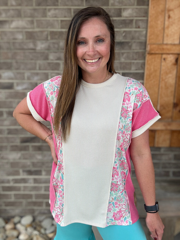 Oatmeal Short Sleeve Ribbed Solid Top w/ Floral Print Detail