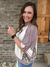 Oatmeal and Blush Mix Print Raglan Oversized Loose Fit Short Sleeve Tee