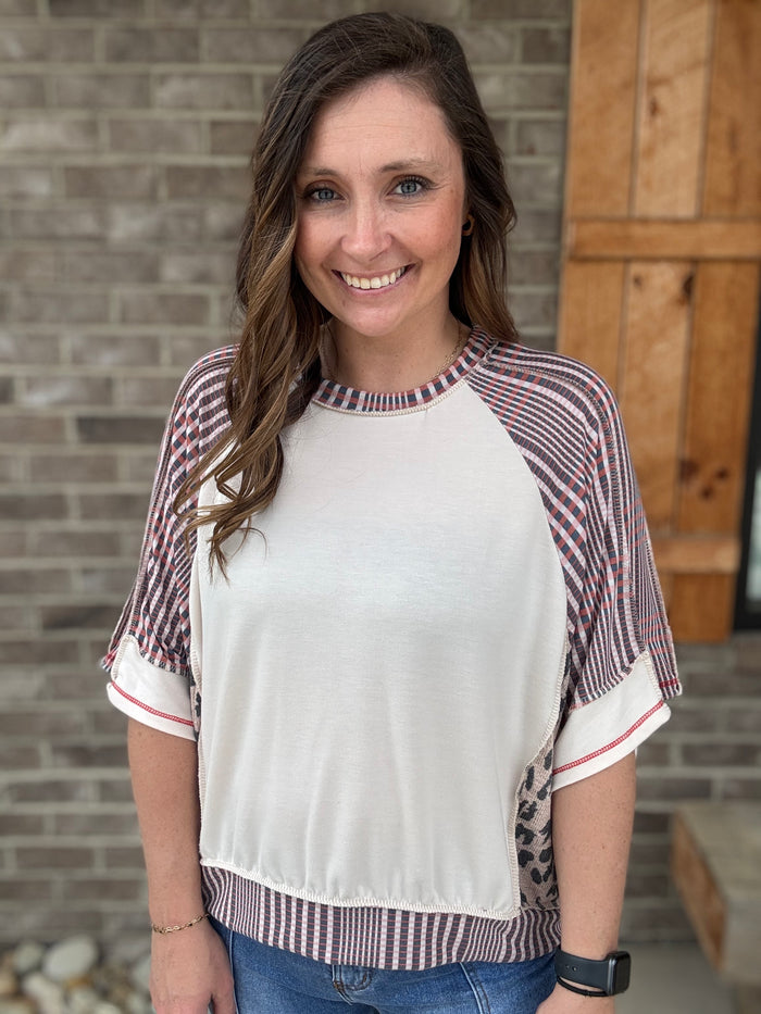 Oatmeal and Blush Mix Print Raglan Oversized Loose Fit Short Sleeve Tee