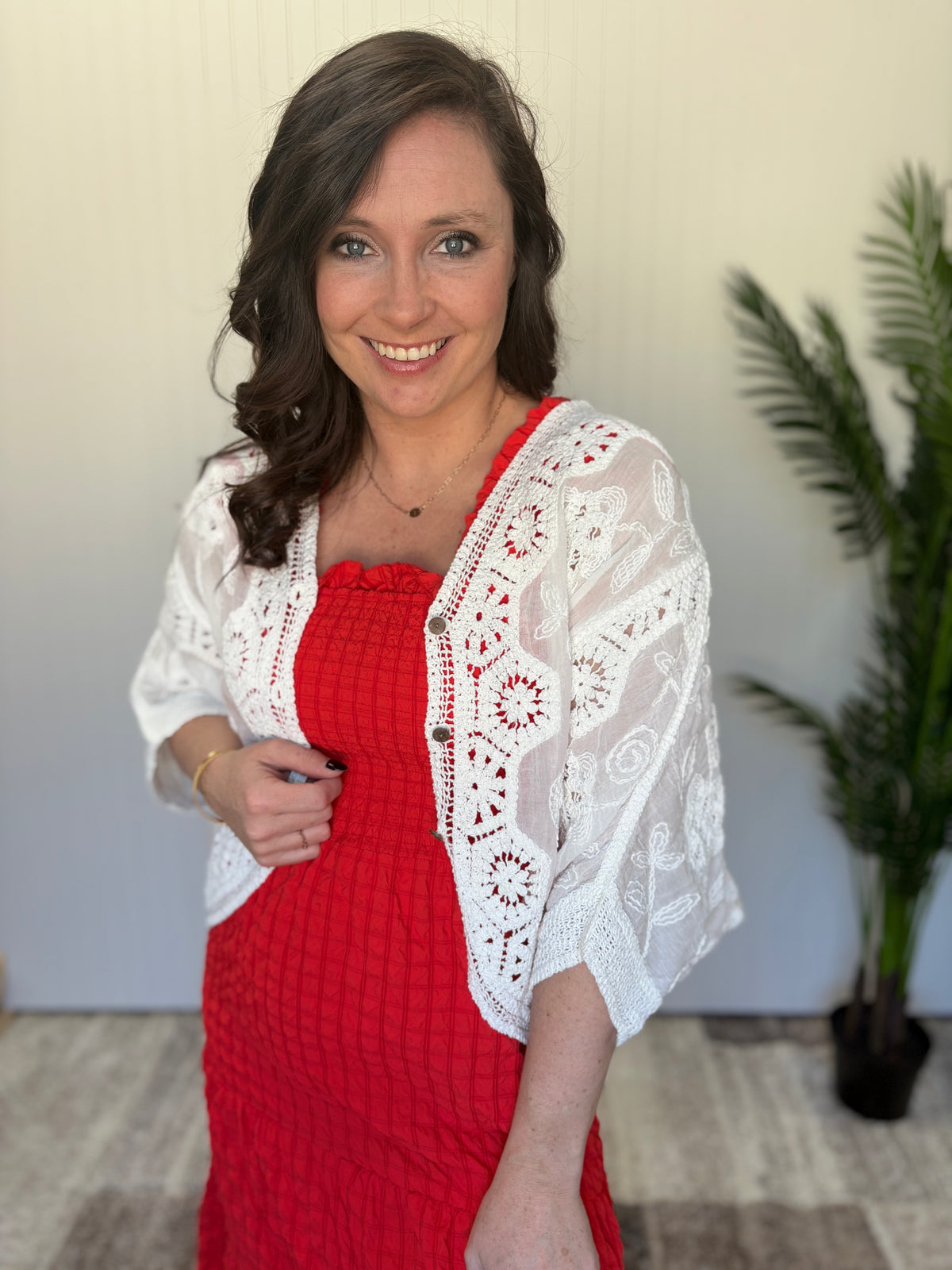 Off White Crochet Mix Button Front Duster by Easel