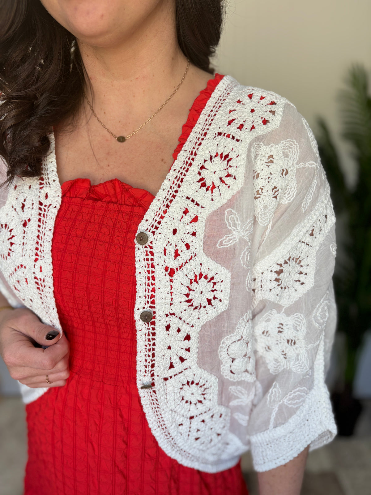 Off White Crochet Mix Button Front Duster by Easel