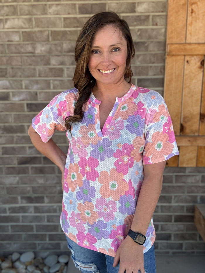 Off White Colorful Floral Print Short Sleeve Top