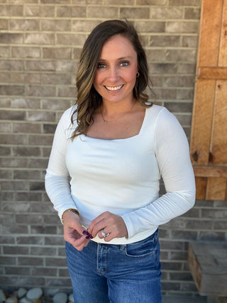 Off White Long Sleeve Ribbed Knit Square Neck Top