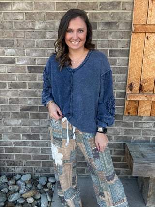 Olive Combo Washed Boho Bandana Patch Doily Terry Pants by J. Her