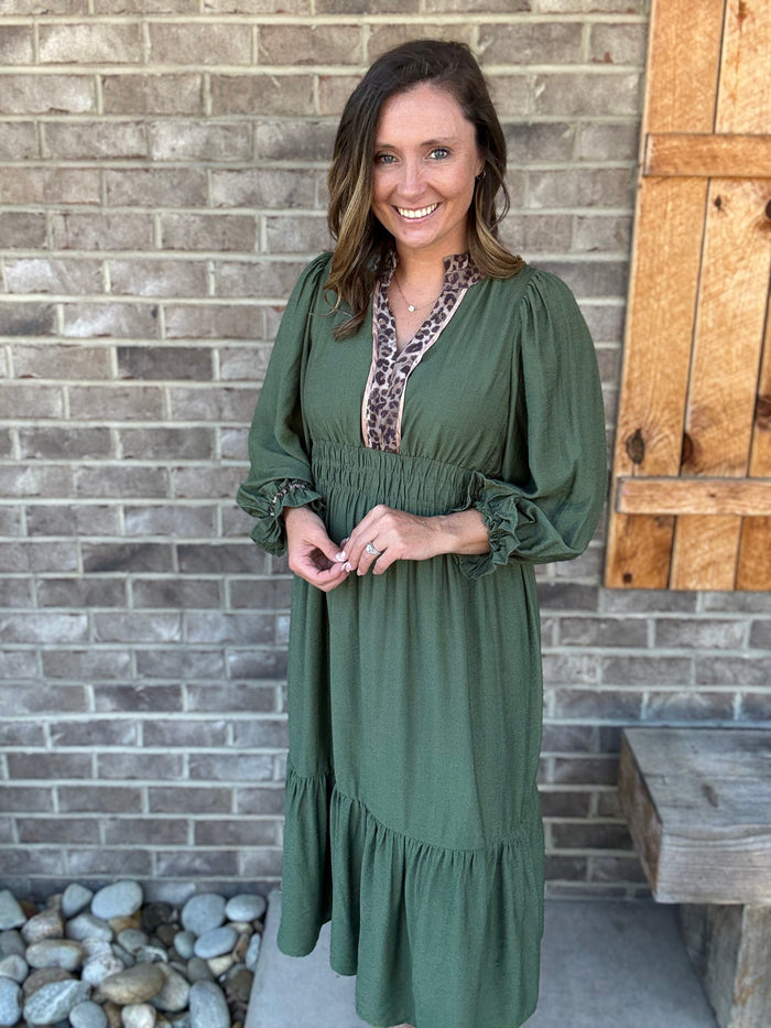 Olive Midi Dress with Leopard Trim and Smocked Waist by Umgee