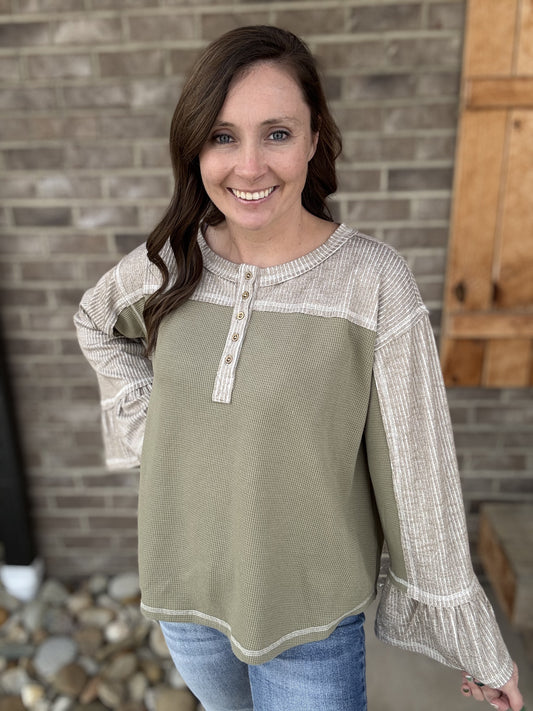 8376- Olive & Brown Round Neck Ruffle Sleeve Thermal Stictch Top by POL