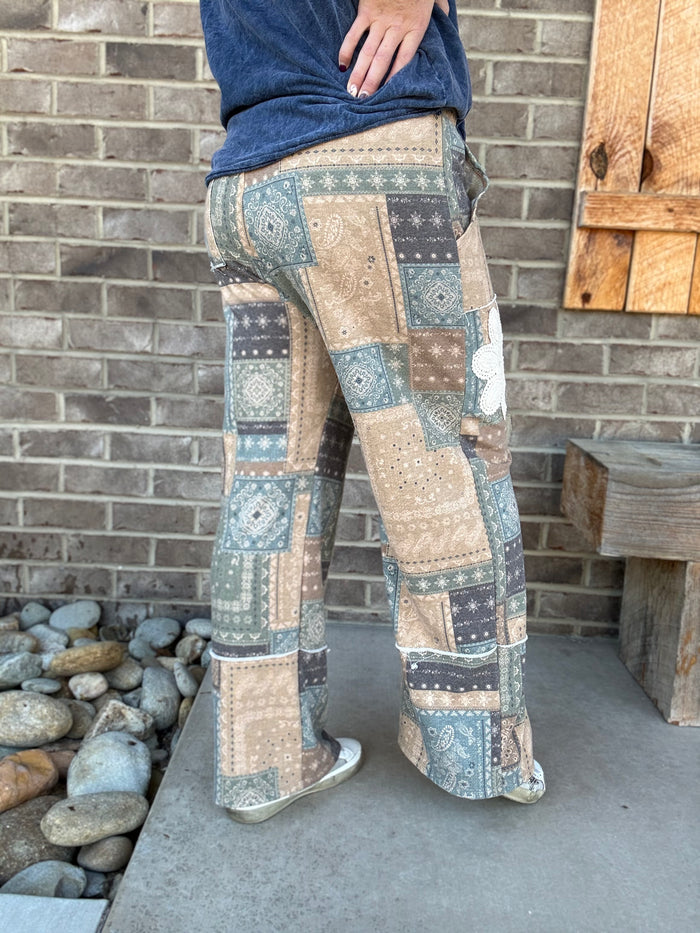 Olive Combo Washed Boho Bandana Patch Doily Terry Pants by J. Her