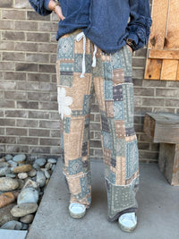 Olive Combo Washed Boho Bandana Patch Doily Terry Pants by J. Her