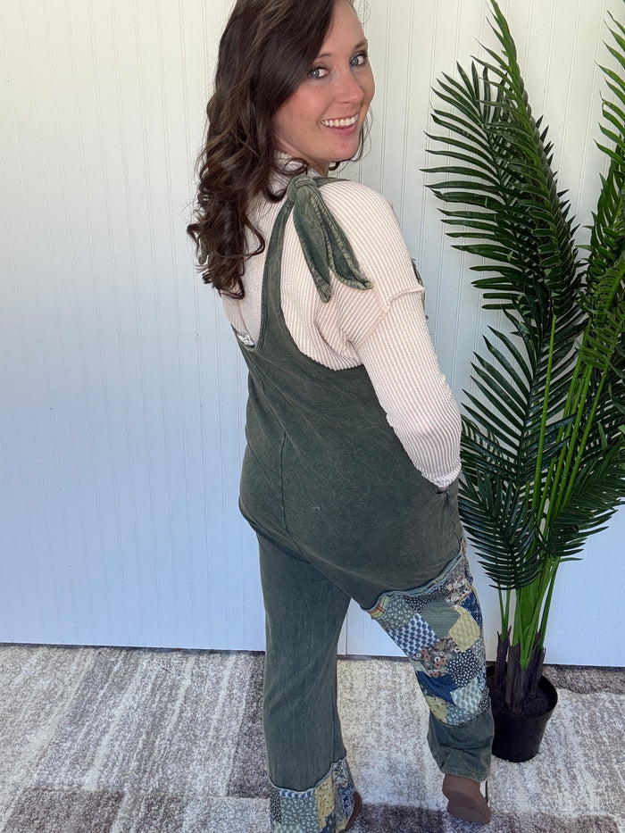 Olive Mineral Washed Daisy Patchwork Tie Jumpsuit by J. Her