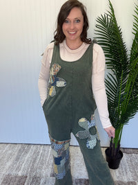 Olive Mineral Washed Daisy Patchwork Tie Jumpsuit by J. Her