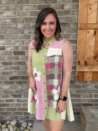 Olive and Pink Patchwork Sleeveless Tunic by BlueVelvet