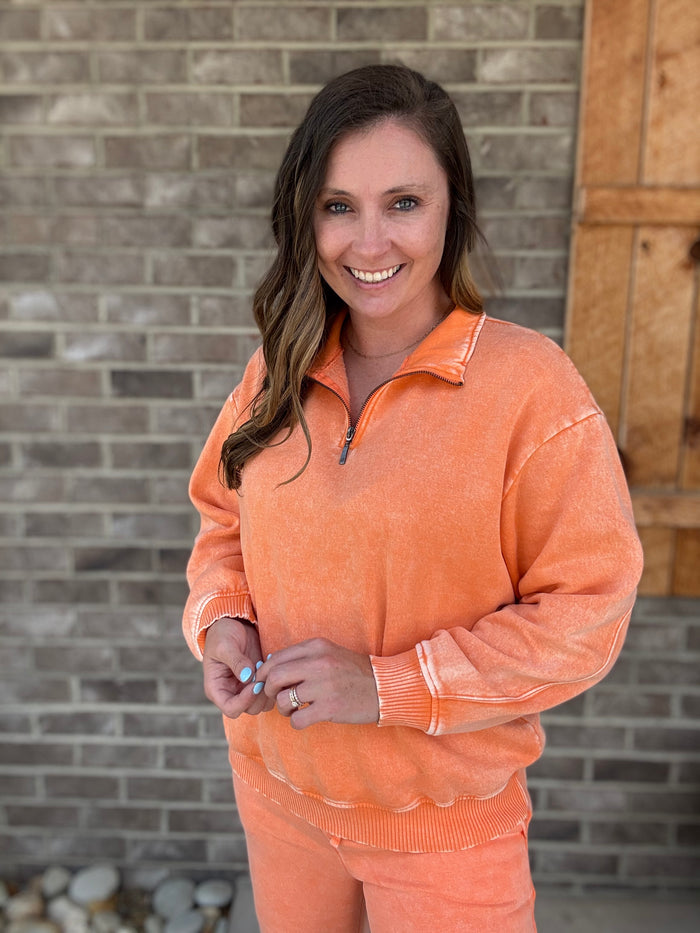 Orange Acid Wash Fleece Half Zip Pullover by Zenana *TN COLLECTION*