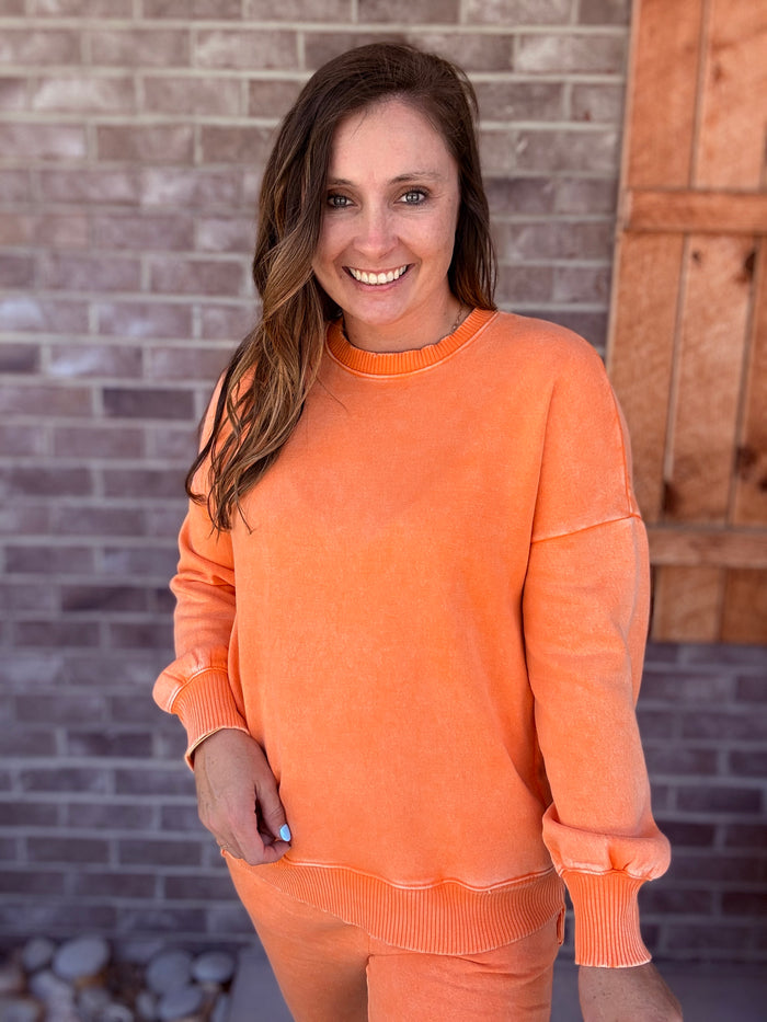Orange Acid Wash Fleece Hi-Low Hem Pullover w/ Pockets by Zenana *TN COLLECTION*