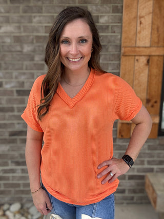 Orange Basic Ribbed Short Sleeve V-Neck Top *TN COLLECTION*