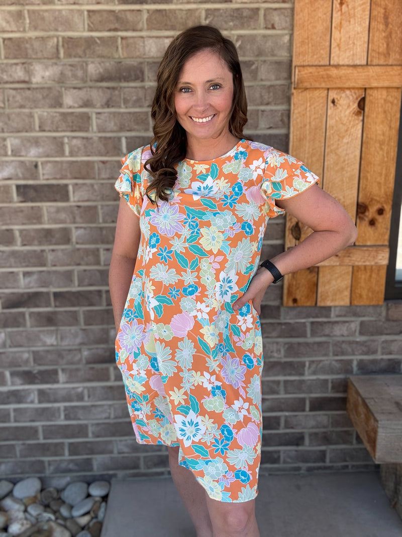 Orange Floral Short Sleeve Dress w/ Ruffle Sleeves